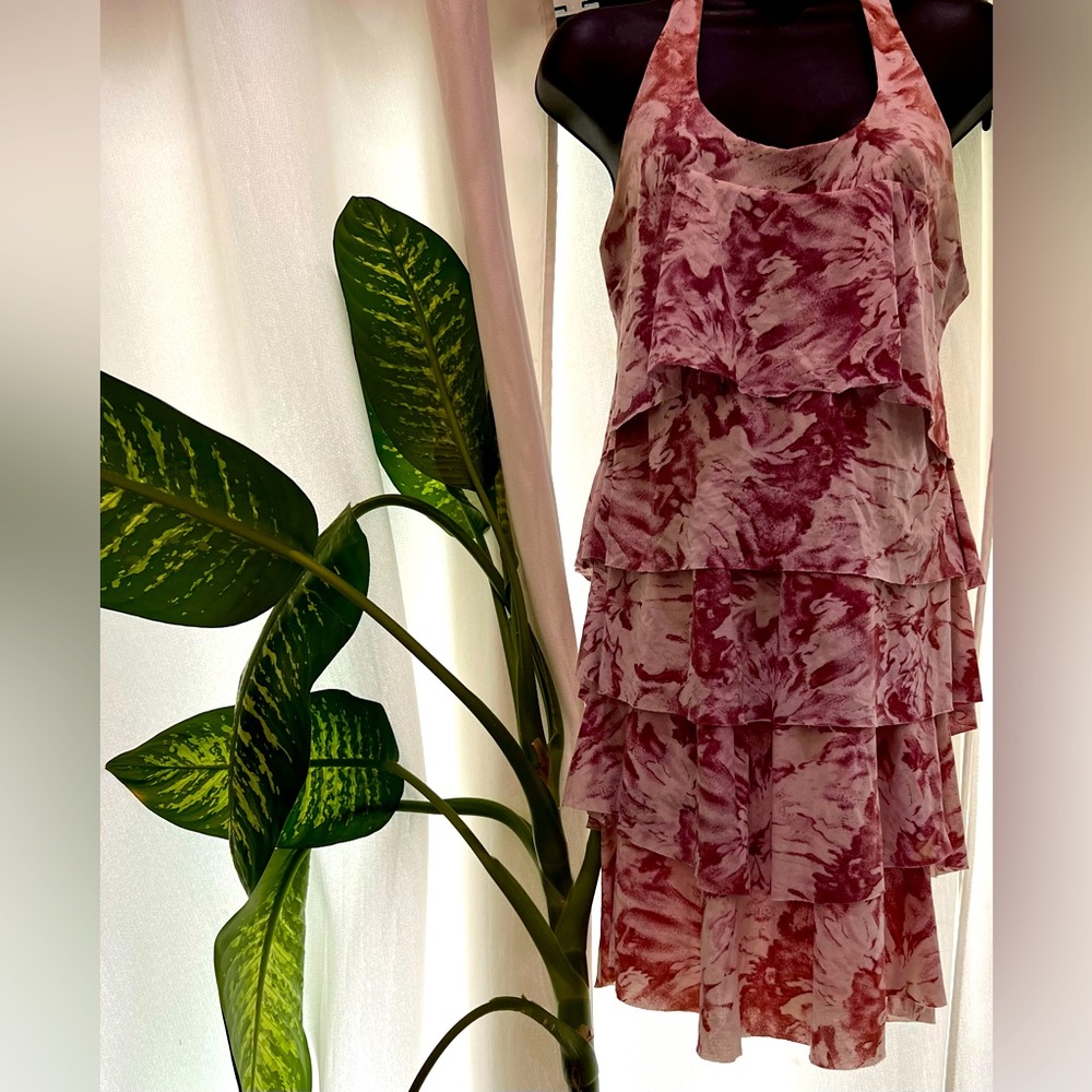 Iodice Dress Womens Small Pink Floral Tiered Sleeveless Mini